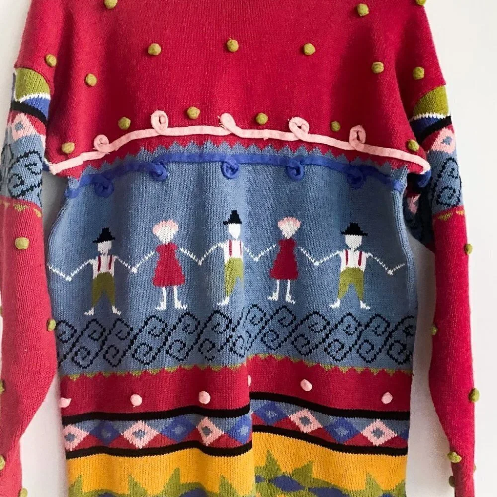 Vintage Almost Heaven Novelty Print Colourful Fringe Trim Unique Pullover M - Picture 3 of 5